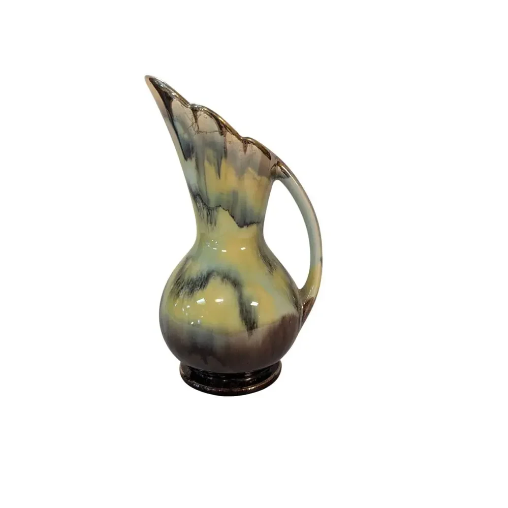 Vintage Art Deco Majolica Pitcher Ewer Vase Yellow Brown Drip Glaze 7" - Picture 3 of 12